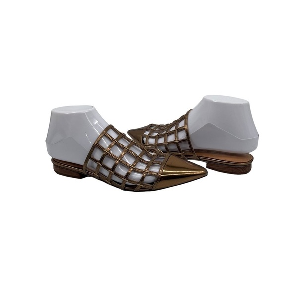 Sigerson Morrison Gold Eddi Caged Mirror Pointed Toe Sandals Size 37 Women’s - Picture 1 of 10